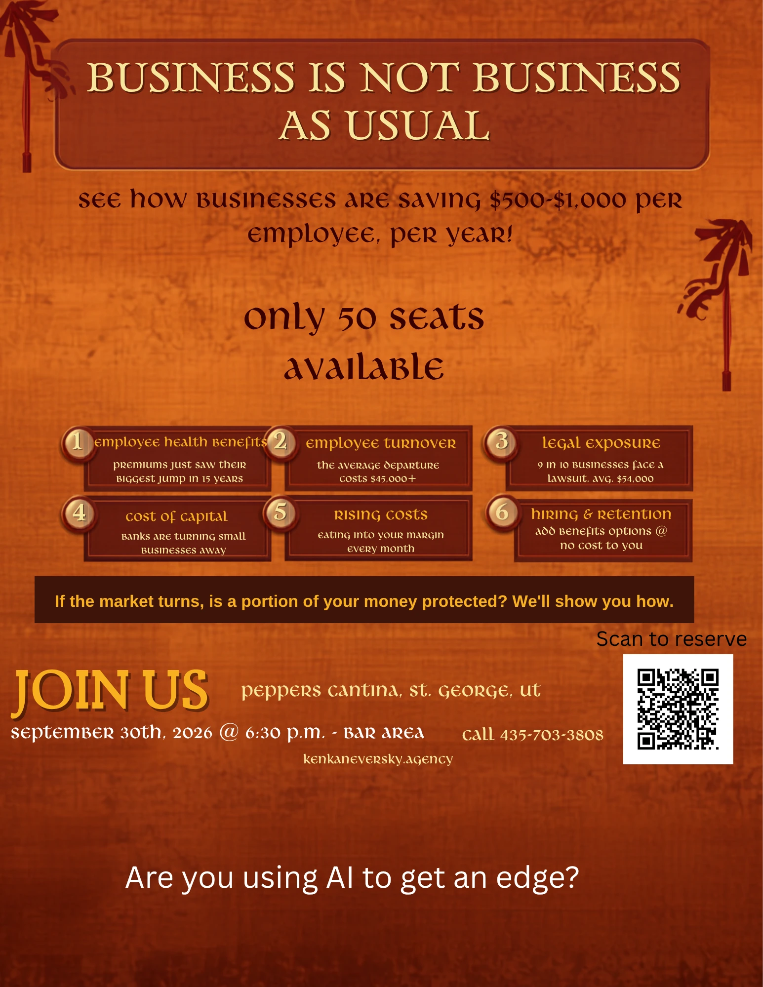 Ken’s Business Is Not Business As Usual event flyer, with program topics and a reservation QR code. Event details are listed beside the flyer.